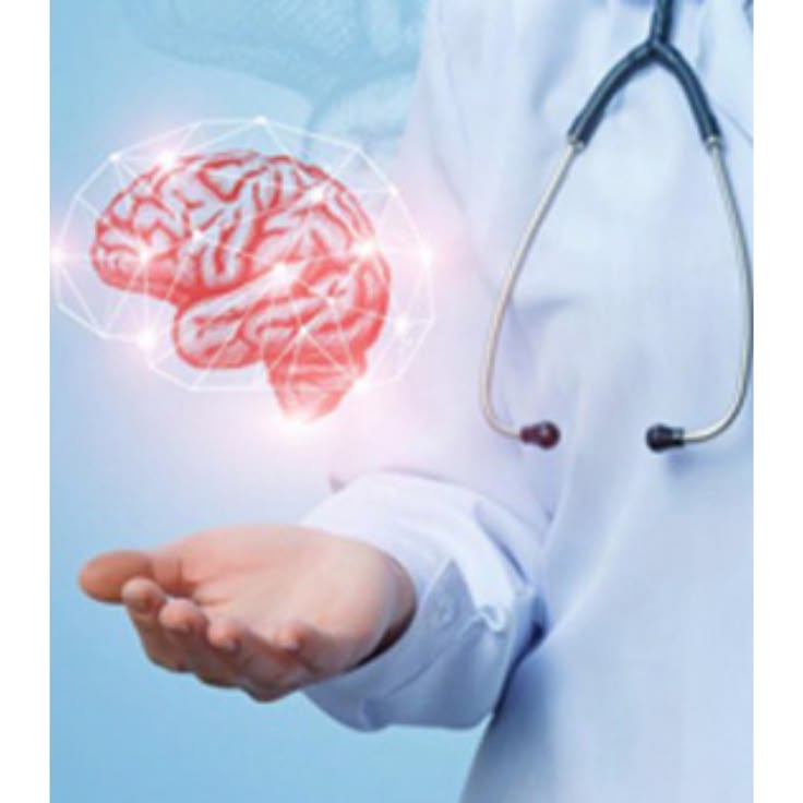 Doctor with digital brain illustration representing neurological care